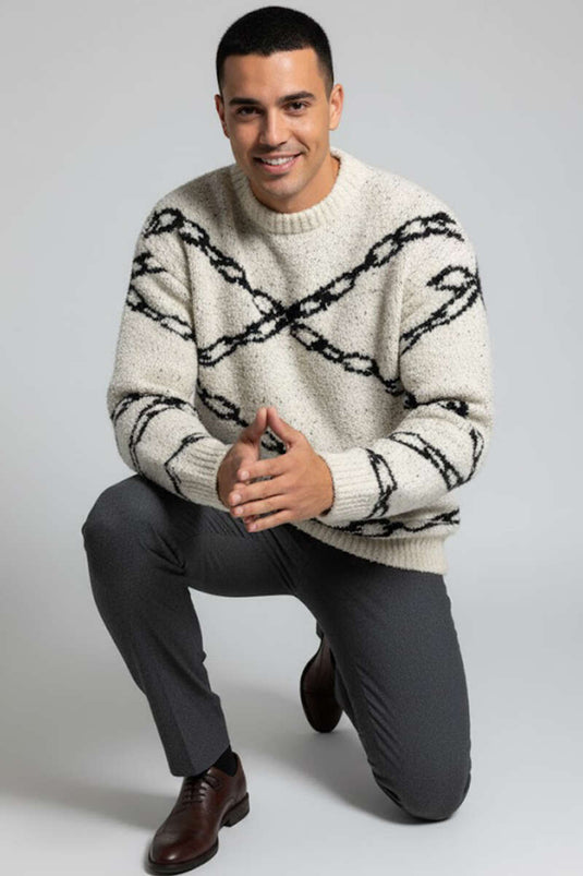 Pull en maille à motif chaîne pour homme, couleur crème