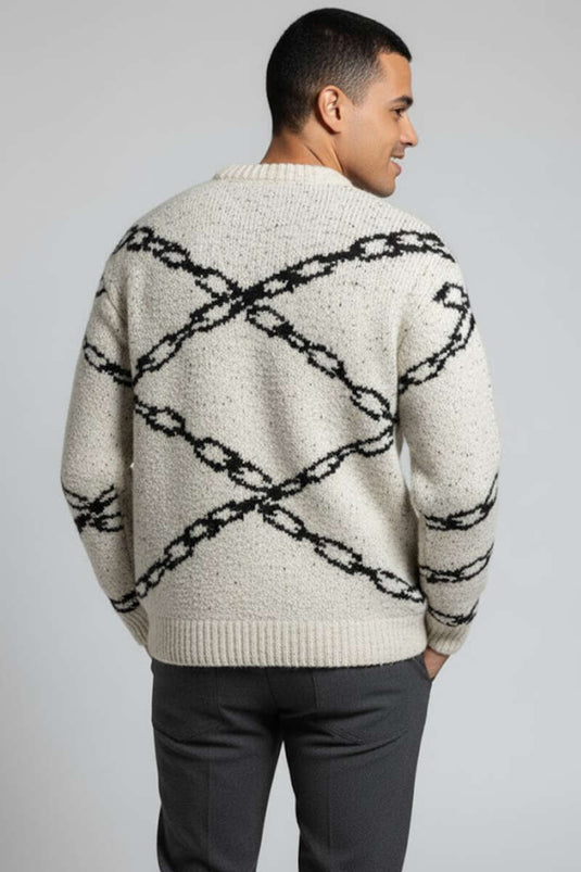 Pull en maille à motif chaîne pour homme, couleur crème