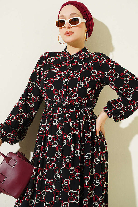 Robe En Chiffon À Motifs Et Boutons Bordeaux