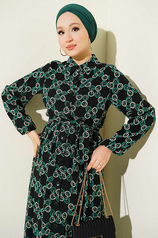 Robe En Chiffon À Motifs Et Boutons Verte