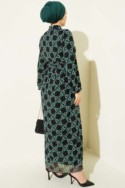 Robe En Chiffon À Motifs Et Boutons Verte