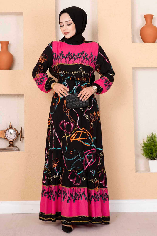 Robe Hijab à Motifs Chaîne Noir