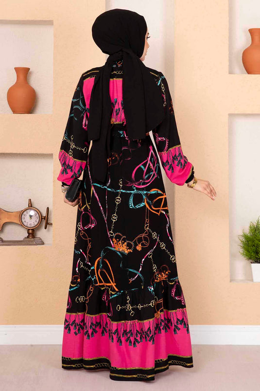 Robe Hijab à Motifs Chaîne Noir