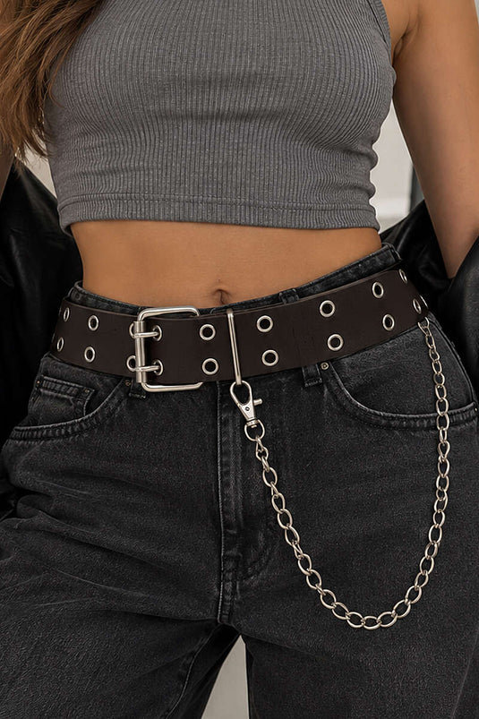 Ceinture Double Trou Avec Détail Chaîne En Café Amer