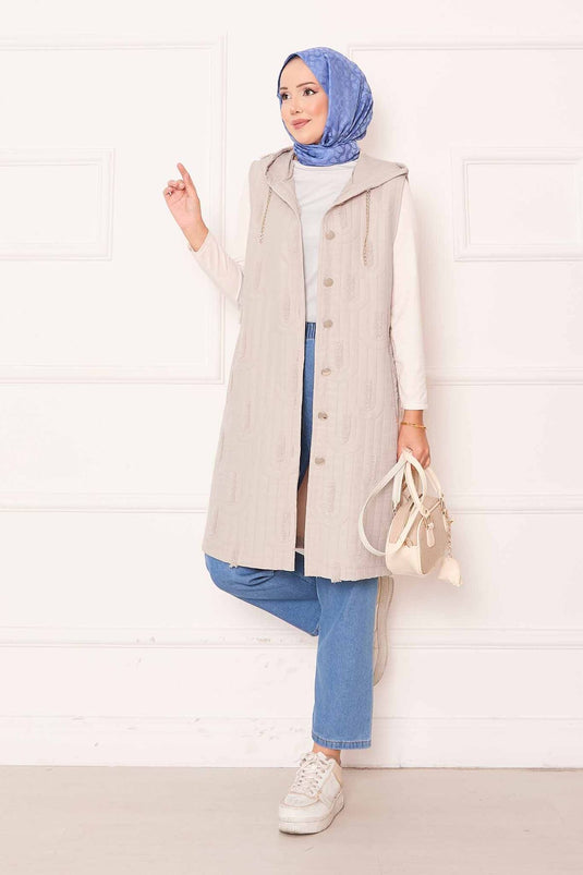 Zincir Detaylı Düğmeli Kapitone Yelek Taş