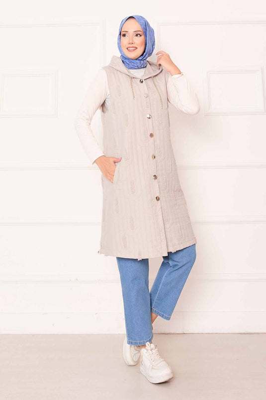 Zincir Detaylı Düğmeli Kapitone Yelek Taş