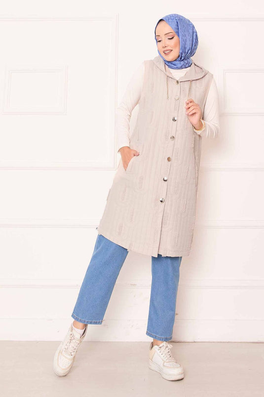 Zincir Detaylı Düğmeli Kapitone Yelek Taş