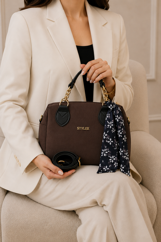 Chain Detail Hand and Shoulder Bag Brown