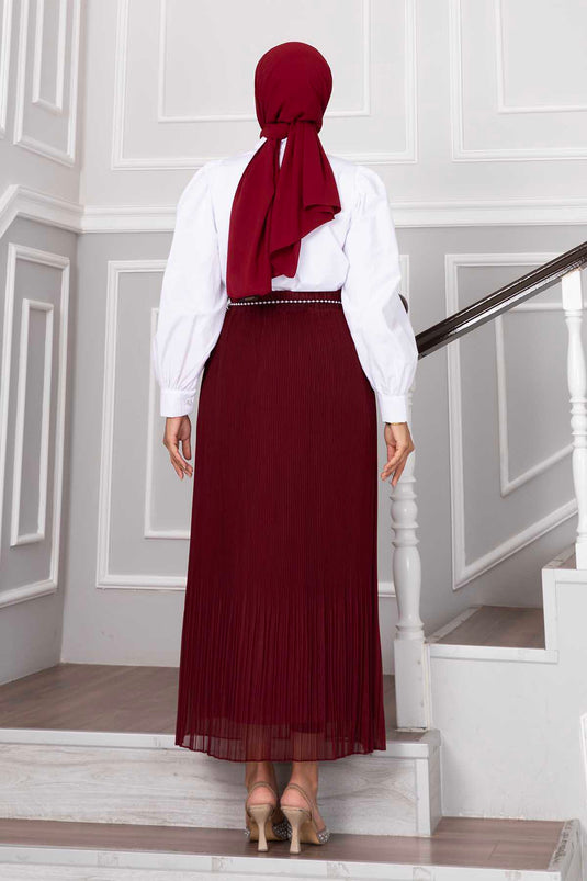 Jupe Hijab Plissée Détail Chaîne Rouge Claret