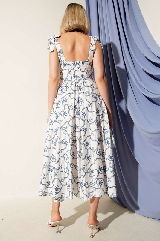 Chain Stitch Detail Off-Shoulder Dress Blue