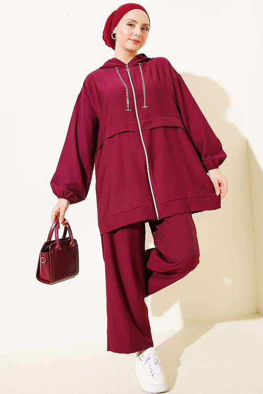 Burgundy Two-Piece Set with Chain String Detail and Zipper
