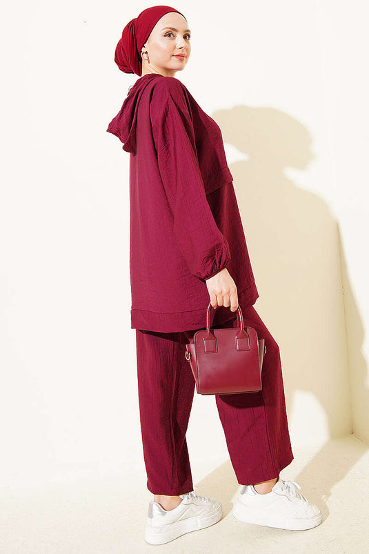 Burgundy Two-Piece Set with Chain String Detail and Zipper