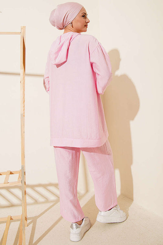 Ensemble deux pièces zippé avec détail cordon chaîne rose