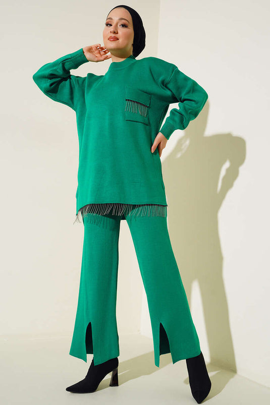 Costume Double En Tricot Avec Poche À Pompon Et Chaîne Vert