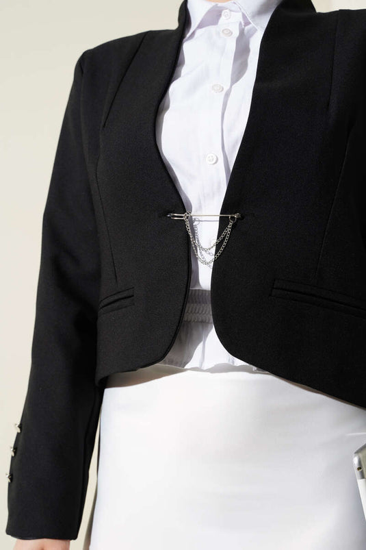 Zincirli Çengel İğneli Kısa Ceket Siyah