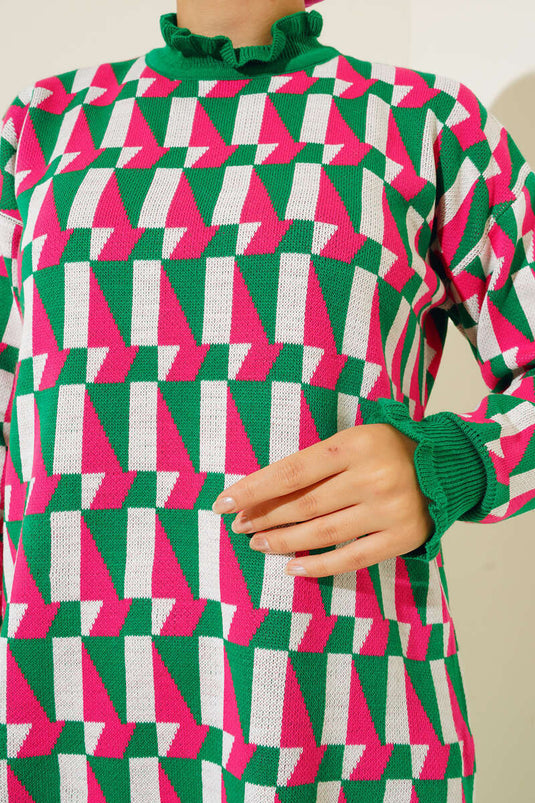 Costume Double En Maille à Motifs Contrastés Vert