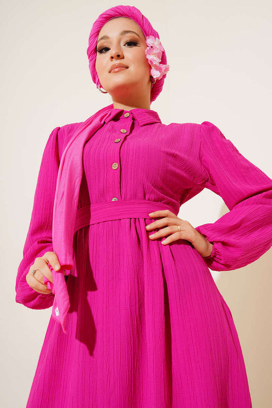 Half Button Placket Belted Dress Fuschia