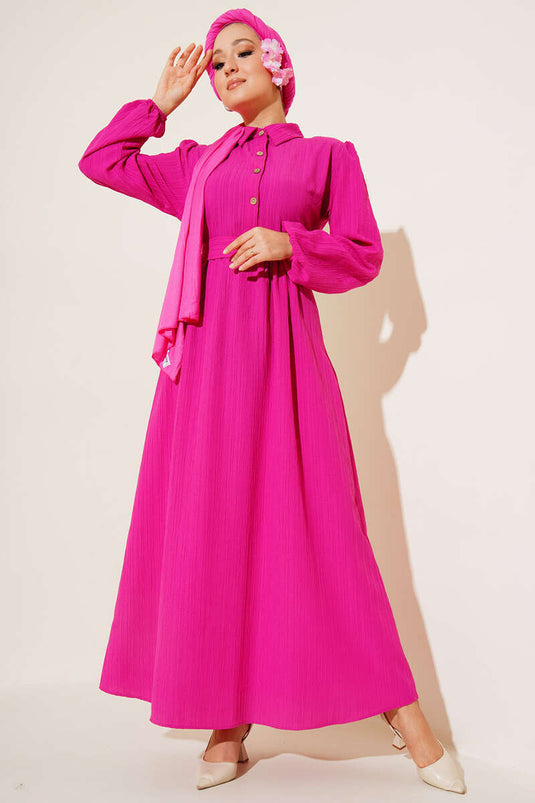 Half Button Placket Belted Dress Fuschia