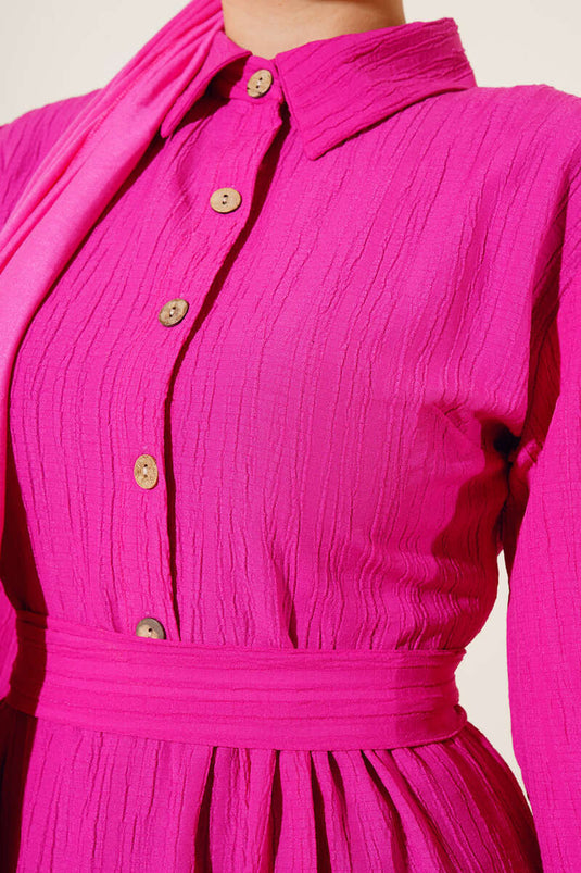 Half Button Placket Belted Dress Fuschia