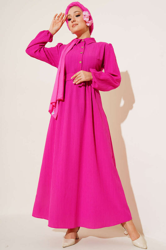 Half Button Placket Belted Dress Fuschia