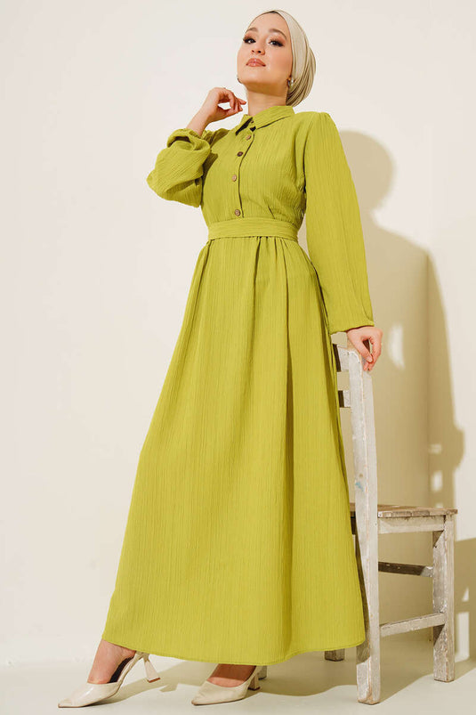 Half Button Placket Belted Dress Oil Green