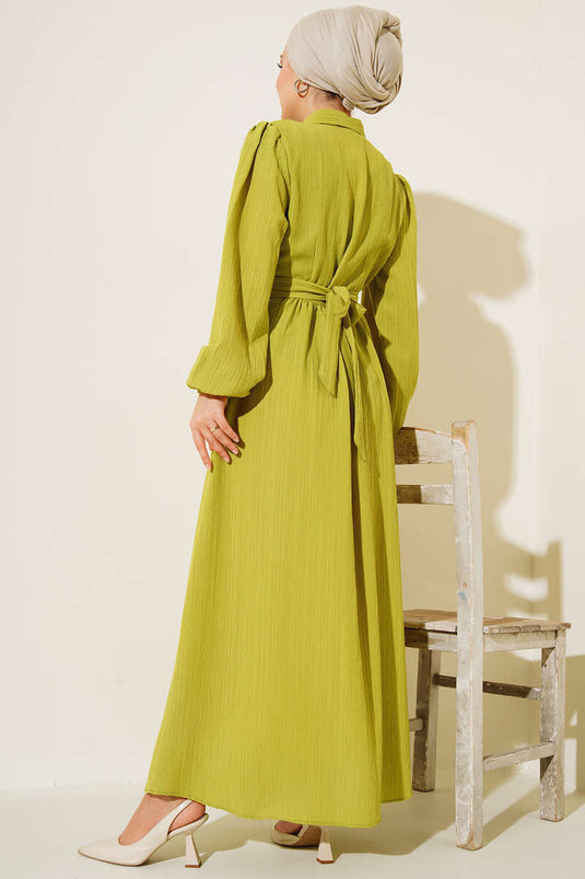 Half Button Placket Belted Dress Oil Green